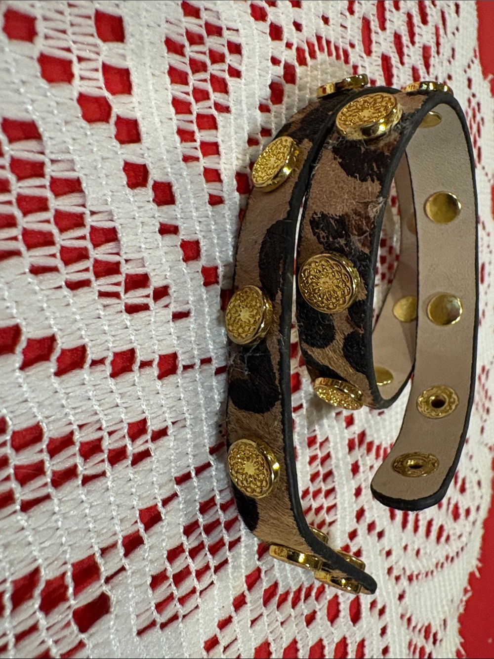 Leopard Print Bracelet with Gold Medallion Studs Women Accessories Double strap
